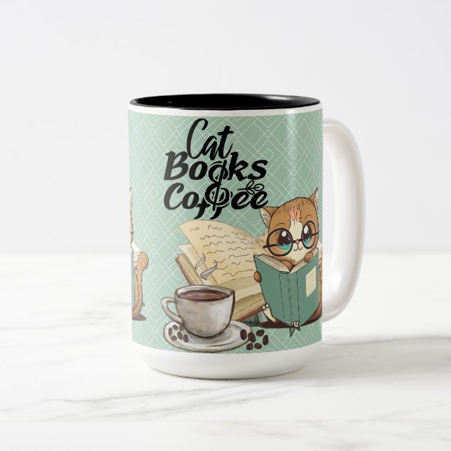 Reading Books with Cute Cat: Cozy Book Lover's Two-Tone Coffee Mug (Front Right)