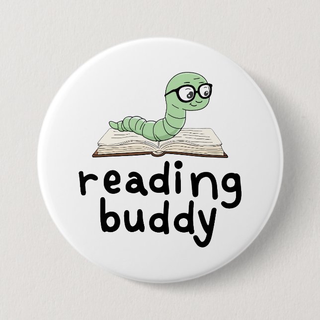 Reading Buddy Cute Bookworm With Book Button (Front)