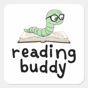 Reading Buddy Cute Bookworm With Book Square Sticker