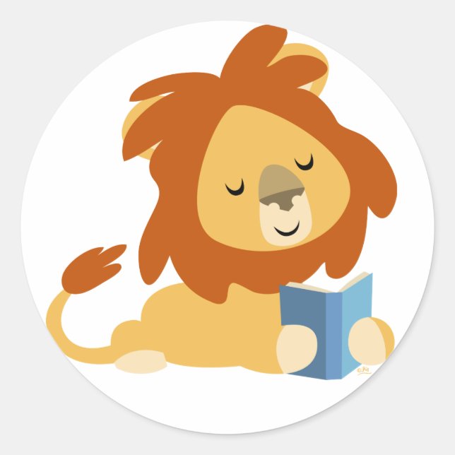 Reading Cartoon Lion round sticker (Front)