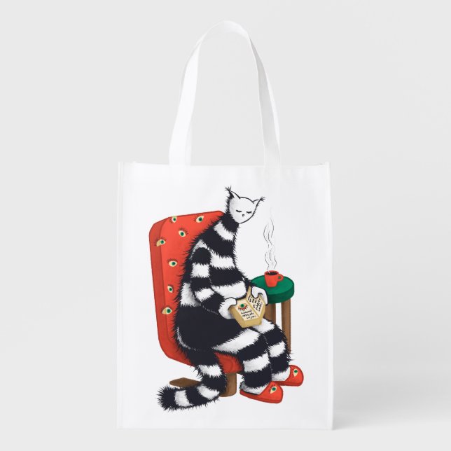 Reading Cat Book Lover Grocery Bag (Front)