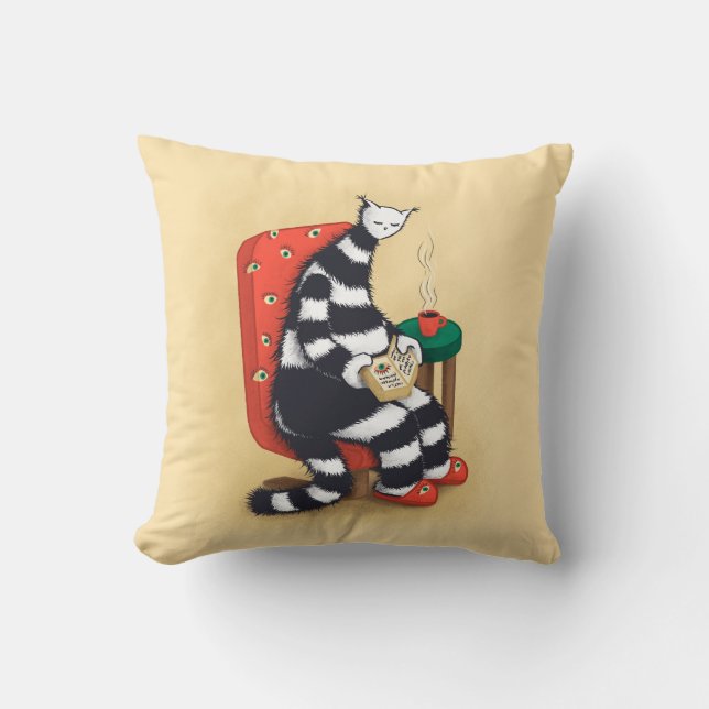 Reading Cat Book Lover Throw Pillow (Front)