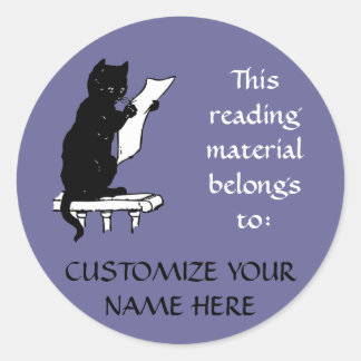 Reading Cat Bookplate Sticker in Denim Blue