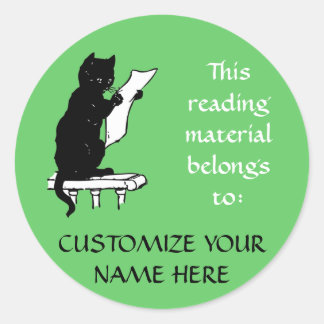 Reading Cat Bookplate Sticker in Light Green