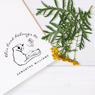 Reading Cat Butterfly Modern Custom Library Books Rubber Stamp