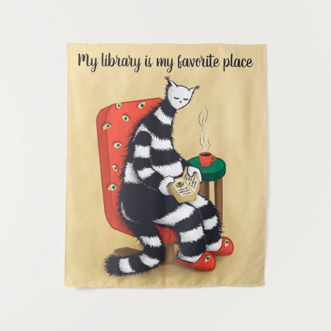 Reading Cat Fun Library Tapestry (Front)