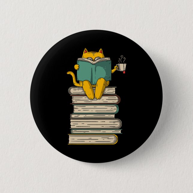 Reading Cat - Funny Book And Tea Lover Gift Short  Button (Front)