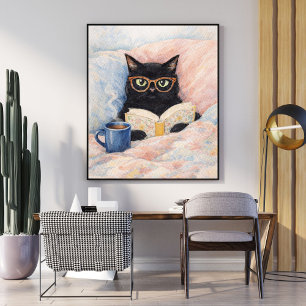 reading cat illustration black cat art cozy poster