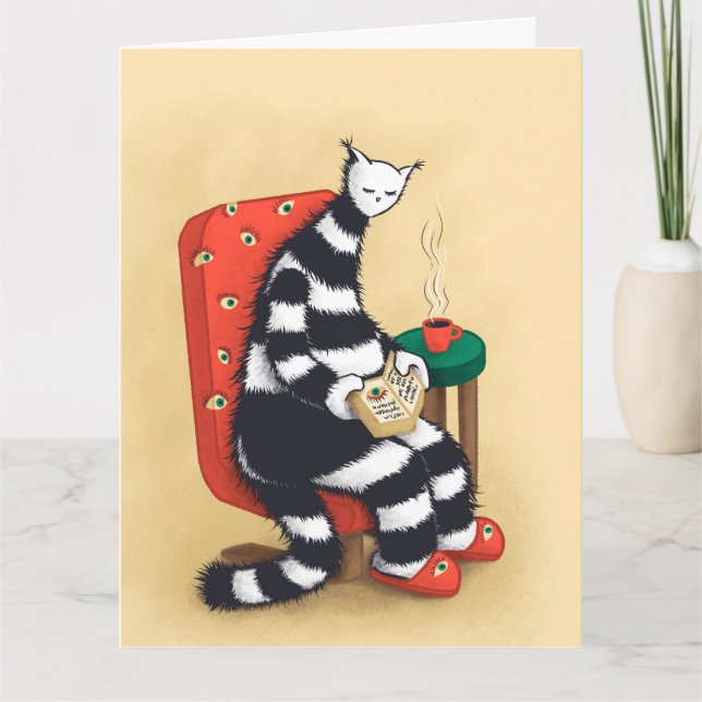 Reading Cat Illustration Cozy Bookworm Aesthetic Card (Front)