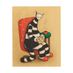 Reading Cat Illustration Cozy Bookworm Aesthetic Wood Wall Art