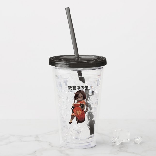 Reading Cat in Cheongsam - Retro Anime Kanji Art Acrylic Tumbler (Front Ice)