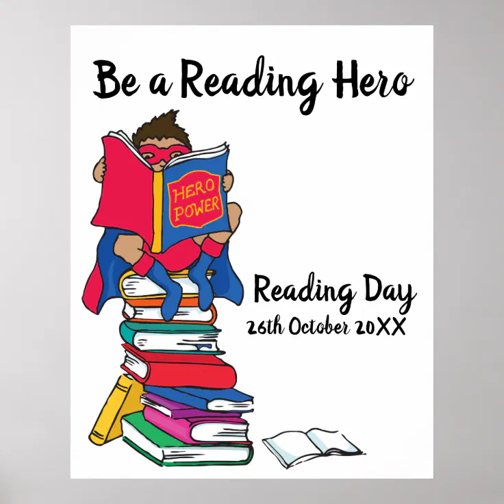 Reading day reading on a stack of books boy event poster | Zazzle