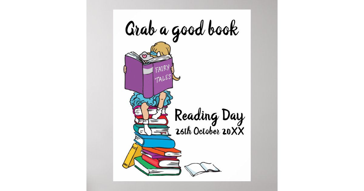 Reading day reading on a stack of books event poster | Zazzle