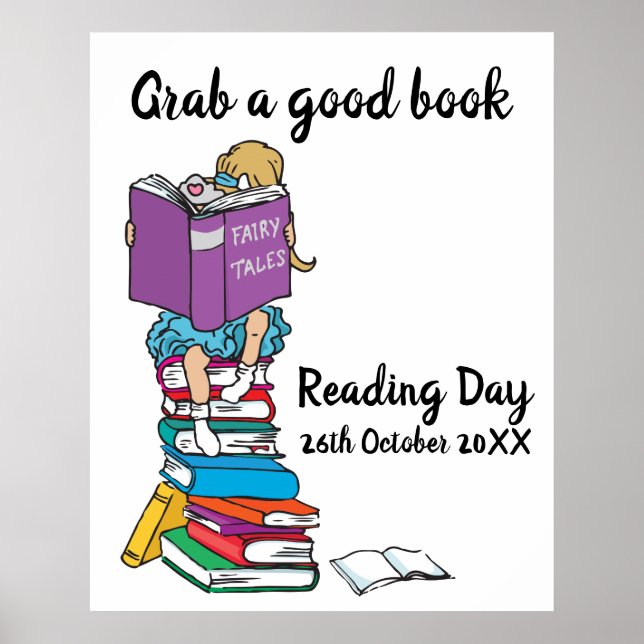 Reading day reading on a stack of books event poster (Front)