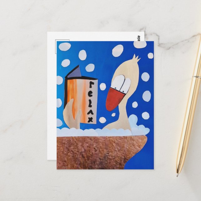 Reading Duck In Bath With Bubbles Self Care Postcard (Front/Back In Situ)