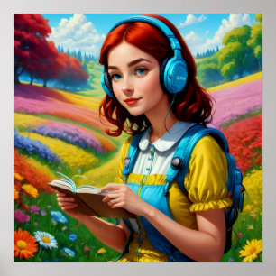 Reading Girl With Headphones Colorful Landscape Poster
