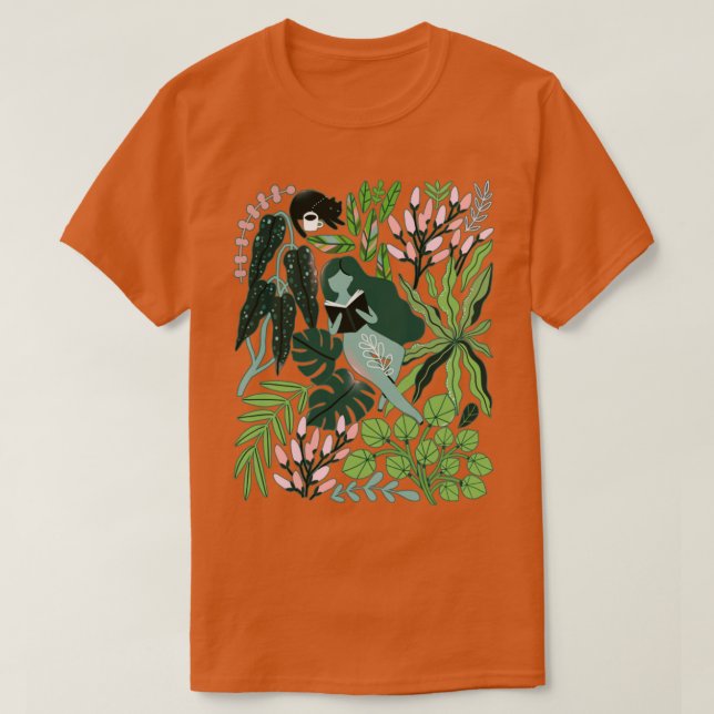 Reading girls among the plants with cats in the ju T-Shirt (Design Front)