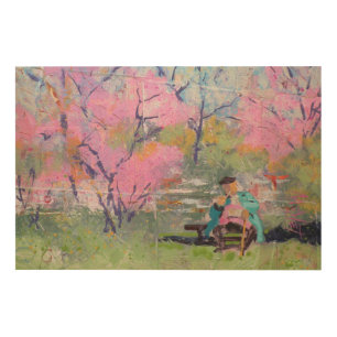 Reading Her Letter Redbuds / Artist Larry Lerew Wood Wall Art