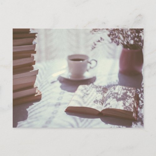 reading in bed cup of tea linen sheet literary postcard