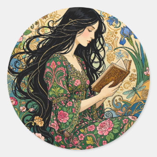 Reading in the Garden Art Nouveau Classic Round Sticker