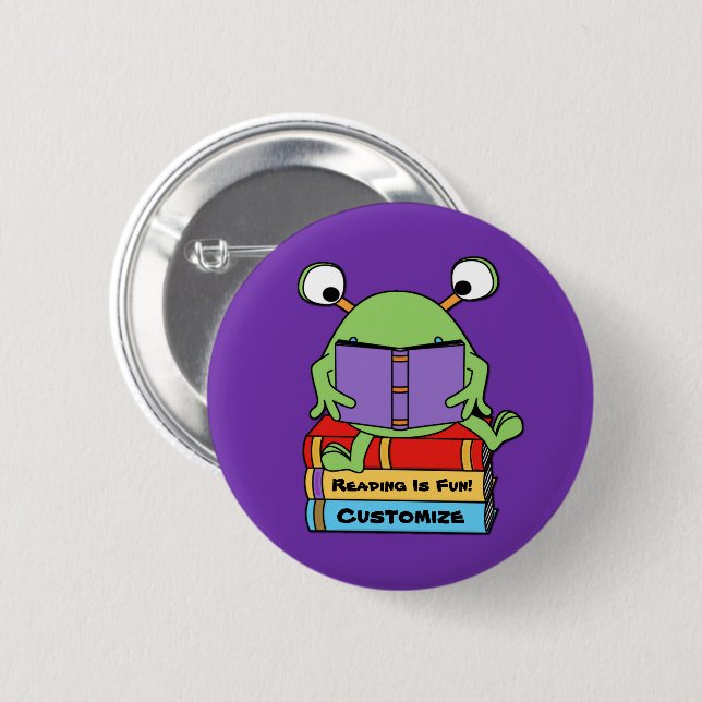 Reading Is Fun Cute Book Loving Alien Button (Front & Back)