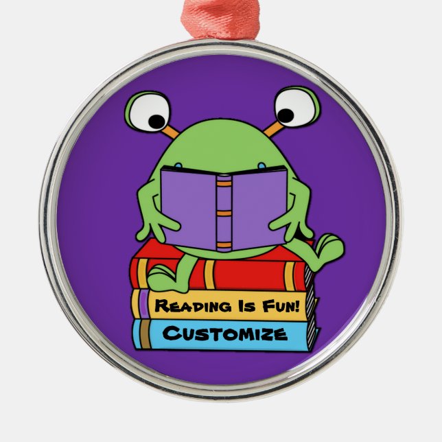 Reading Is Fun Cute Book Loving Alien Metal Ornament (Front)