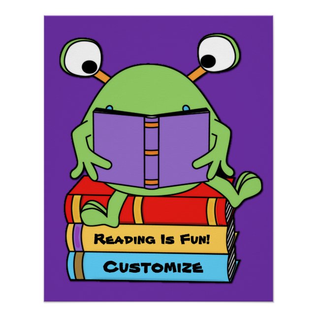 Reading Is Fun Cute Book Loving Alien Poster (Front)