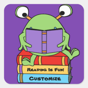 Reading Is Fun Cute Book Loving Alien Square Sticker