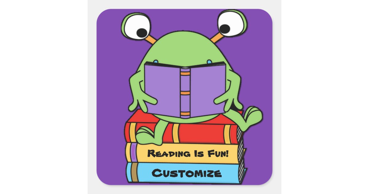 Reading Is Fun Cute Book Loving Alien Square Sticker | Zazzle