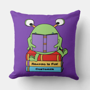 Reading Is Fun Cute Book Loving Alien Throw Pillow