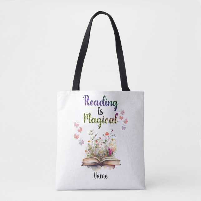 Reading is Magical Book Lovers Quote Trendy Whimsy Tote Bag (Front)