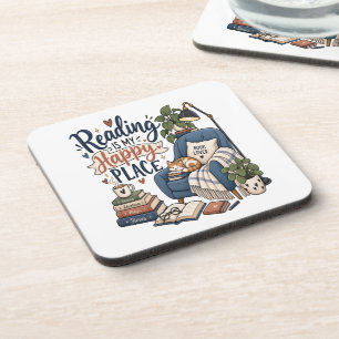 Reading Is My Happy Place – Cozy Book Lover Design Beverage Coaster