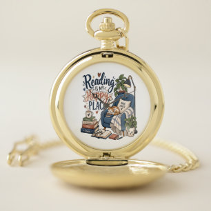 Reading Is My Happy Place – Cozy Book Lover Design Pocket Watch