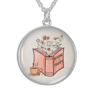 Reading is my therapy sweet affirmation books tea sterling silver necklace