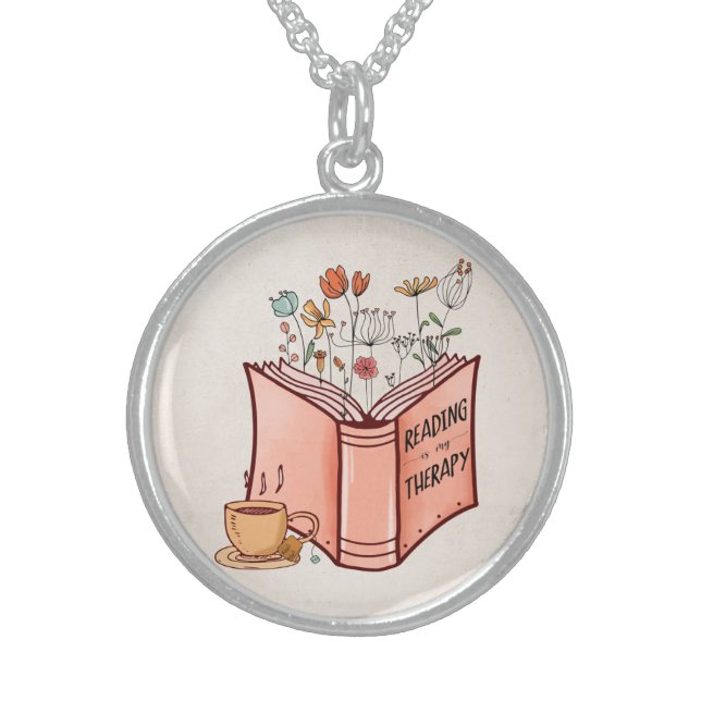 Reading is my therapy sweet affirmation books tea sterling silver necklace (Front)