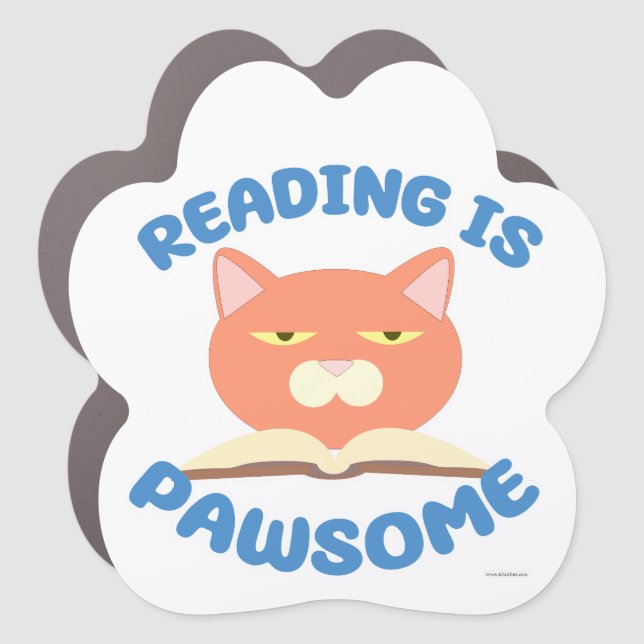 Reading is Pawsome Funny Bookworm Cat Car Magnet (Front)