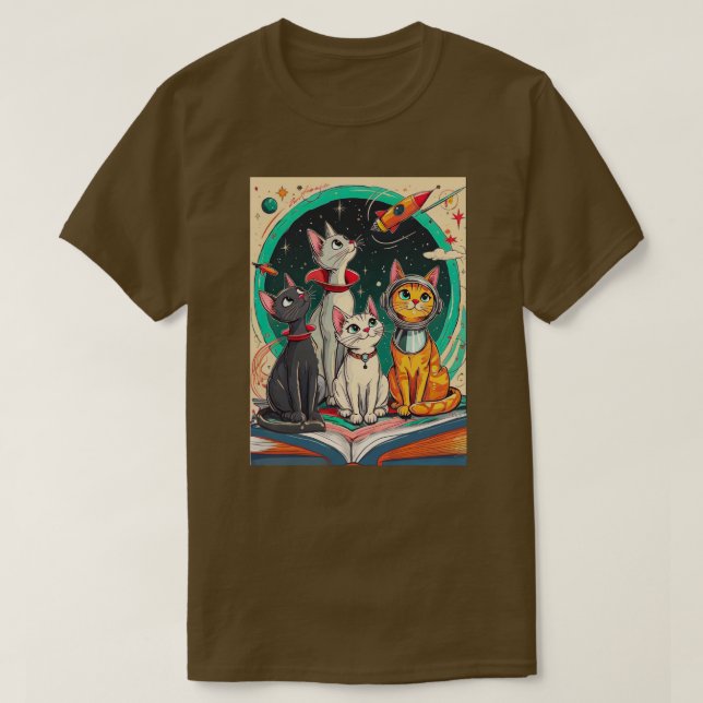 Reading Opens a Gateway to Cosmic Cat Adventures T-Shirt (Design Front)