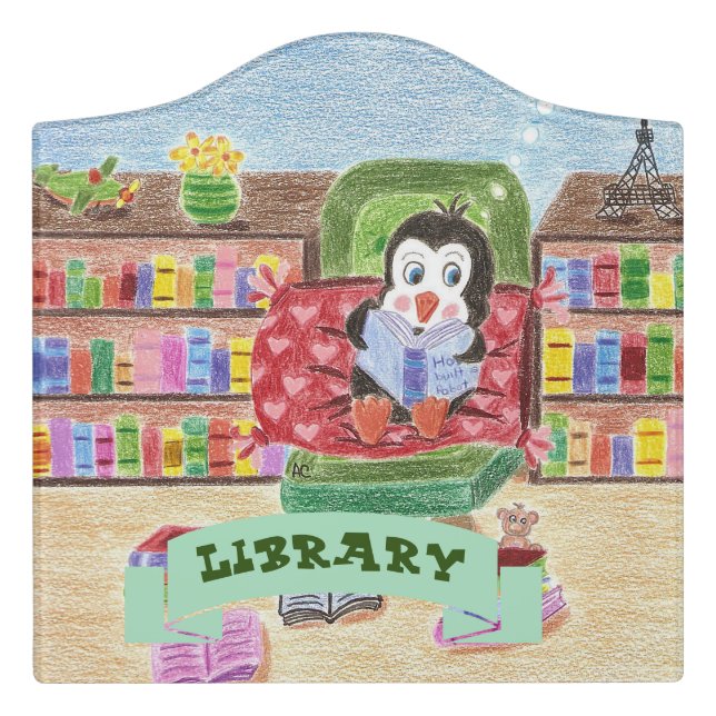 Reading penguin  school library door sign (Large Crest Front)