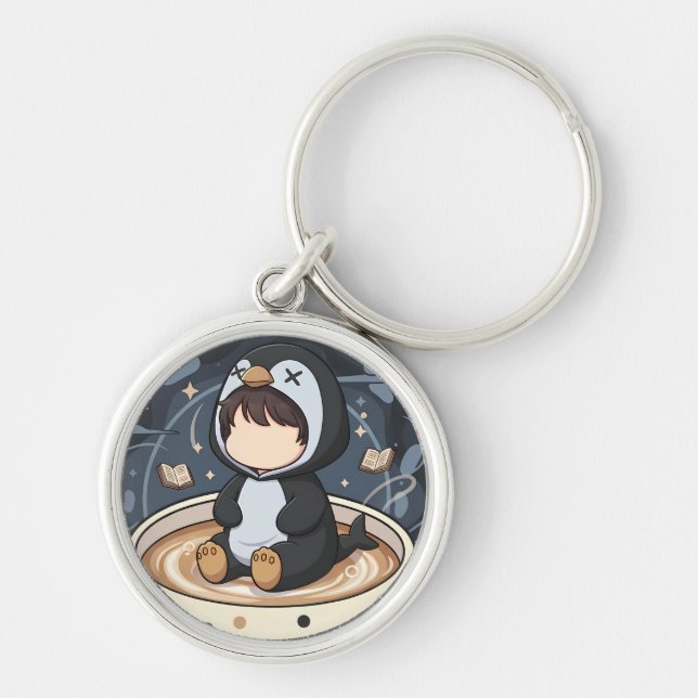 Reading Penguin with Warm Cup Keychain (Front)