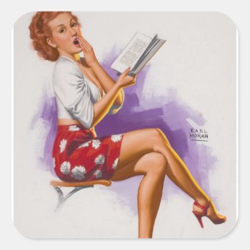 Reading  Pin Up Art Square Sticker by Pin_Up_Art at Zazzle