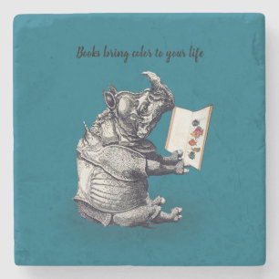 Reading Rhinoceros loves books Stone Coaster