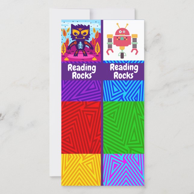 Reading Rocks, Cat, Robot Bookmark Card (Front)