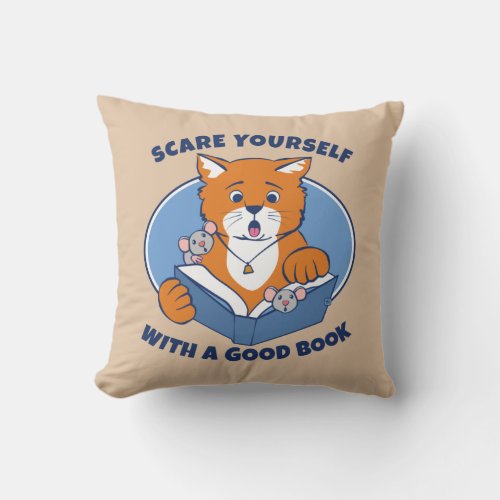 Reading Scary Stories Cat Mouse Throw Pillow