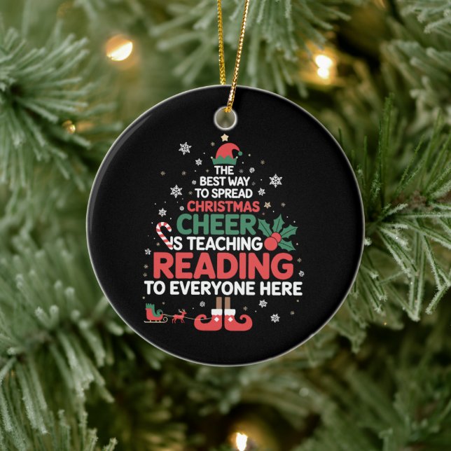Reading Teacher Christmas Elf Xmas Cheer  Ceramic Ornament (Tree)