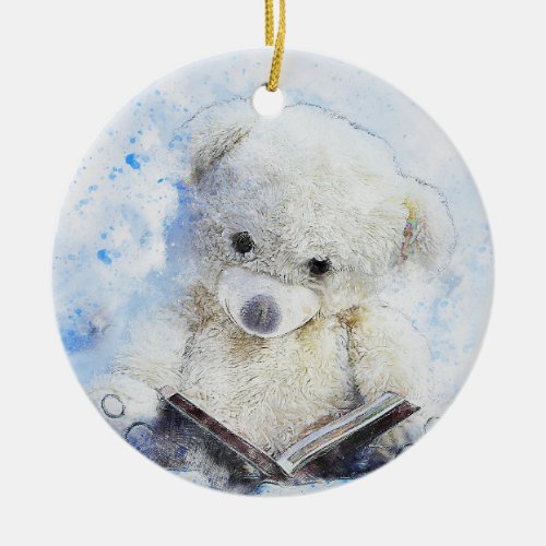 Reading Teddy Bear Ceramic Ornament