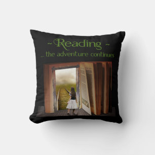Reading, the adventure continues throw pillow