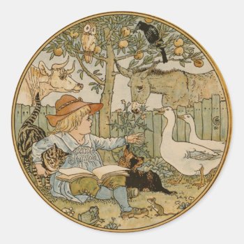 Reading To The Animals Classic Round Sticker by Cardgallery at Zazzle