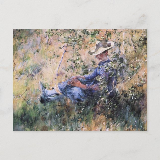 Reading Under a Flowering Hawthorne Bush Postcard (Front)