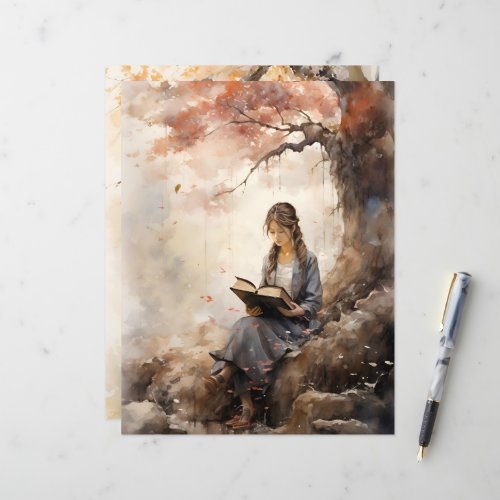 Reading Under Spring Blossom Scrapbook Paper