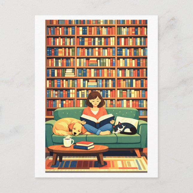 Reading with Cat and Dog Illustration Postcard (Front)
